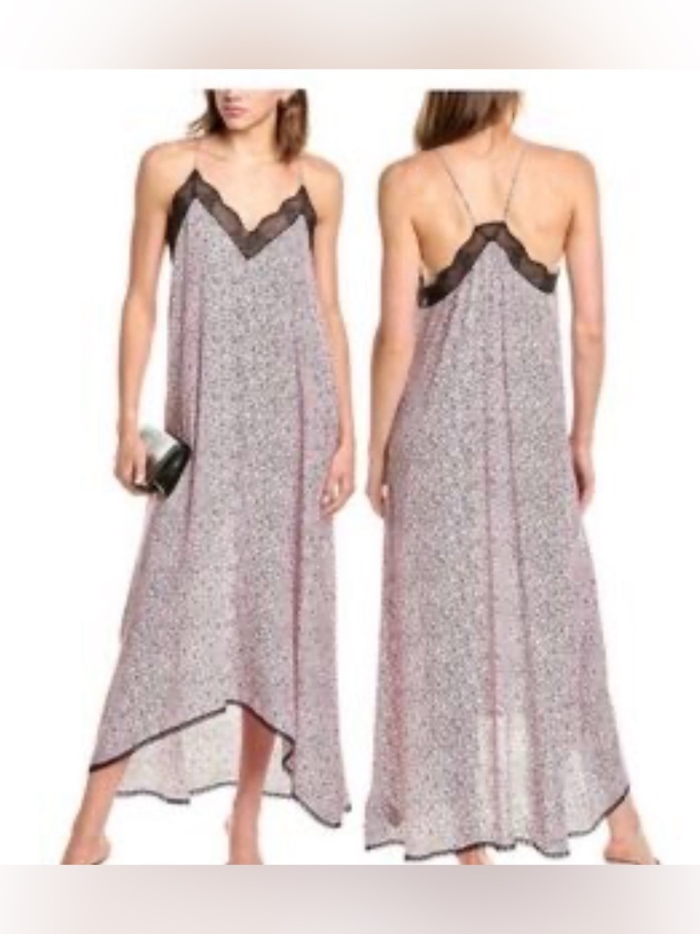 Zadig & Voltaire Risty Blossom Slip Maxi Dress in pink with black lace - Picture 13 of 13